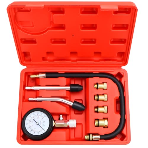 LPZMPZ Kompressionstester Kompressionsprüfer, Kompression Tester Kit, Kompressionsmesser Benzin 0-20 bar & 0-300 psi, Kompressionsmessgerät für KFZ Motorrad LKW Auto M10 M12 M14 M18 (Rot) von LPZMPZ