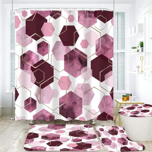 LQCOOL 4-teiliges Duschvorhang-Set mit Marmor-Muster, geometrisches Badezimmer-Set, Rosenrosa, abstraktes Vorhang-Set mit 12 Haken, Badezimmerteppich, Badematte und Toilettenvorleger von LQCOOL