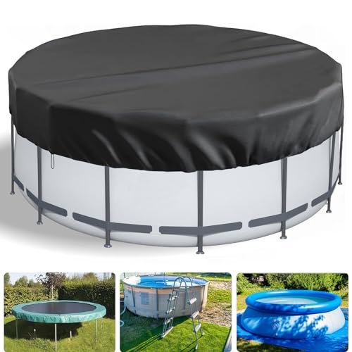 LQCOZYM Poolabdeckung Rund 366 cm – 420D Oxford Abdeckplane wasserdicht & UV-beständig – Mit Kordelzug & Bodenankern – Sommer-Schutzplane für Aufstellpools, Trampolin & Whirlpool (Schwarz, 366 cm) von LQCOZYM