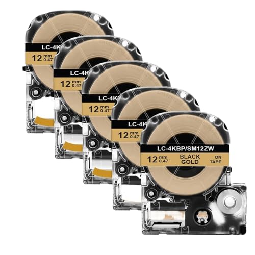 LQNXAVUD 2/5pk SS12KW Schwarz auf weißem 12-mm-kompatibles Etikettband Kompatibel mit LW-300 LW-400-Etikettdrucker funktioniert mit ST12KW SC12RW SC12YW(5PK Black on Gold) von LQNXAVUD