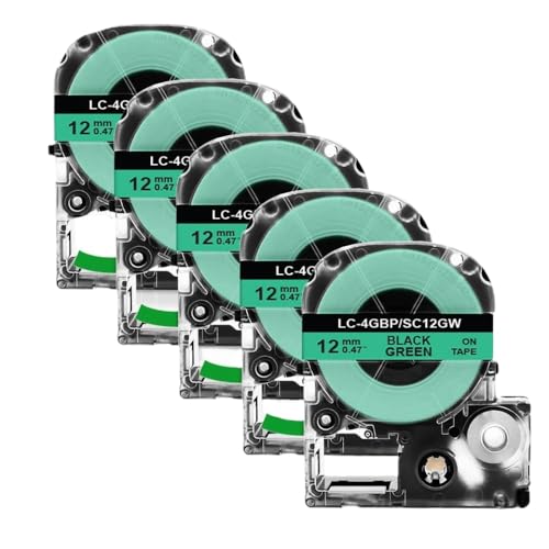 LQNXAVUD 2/5pk SS12KW Schwarz auf weißem 12-mm-kompatibles Etikettband Kompatibel mit LW-300 LW-400-Etikettdrucker funktioniert mit ST12KW SC12RW SC12YW(5PK Black on Green) von LQNXAVUD