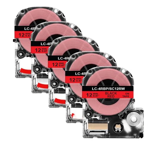 LQNXAVUD 2/5pk SS12KW Schwarz auf weißem 12-mm-kompatibles Etikettband Kompatibel mit LW-300 LW-400-Etikettdrucker funktioniert mit ST12KW SC12RW SC12YW(5PK Black on Red) von LQNXAVUD