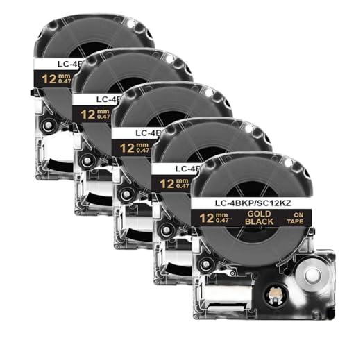 LQNXAVUD 2/5pk SS12KW Schwarz auf weißem 12-mm-kompatibles Etikettband Kompatibel mit LW-300 LW-400-Etikettdrucker funktioniert mit ST12KW SC12RW SC12YW(5PK Gold on Black) von LQNXAVUD