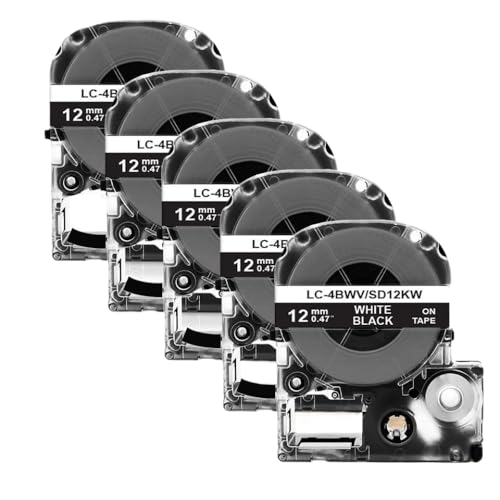 LQNXAVUD 2/5pk SS12KW Schwarz auf weißem 12-mm-kompatibles Etikettband Kompatibel mit LW-300 LW-400-Etikettdrucker funktioniert mit ST12KW SC12RW SC12YW(5PK White on Black) von LQNXAVUD