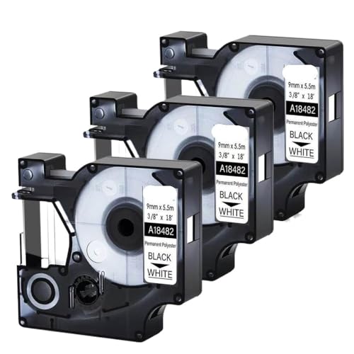 LQNXAVUD 9mm permanentes Polyester -Etikett -Klebeband schwarz auf weißer A18483 kompatibel mit 18482 18483 18484 Label Macher 1000 4200 5200 Etiketten(3PK Black on White) von LQNXAVUD