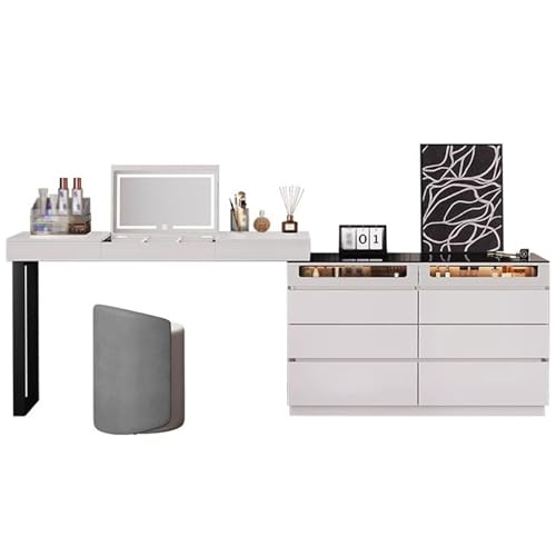 LQQHFSW Tisch & Stuhl Vanity Set, Schminktisch mit Beleuchtetem Spiegel Frisiertisch mit Acht Geräumigen Schubladen für Frauen(White) von LQQHFSW