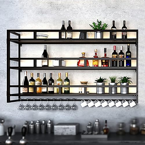 LQRCTRY hängendes Weinglasregal, Weinregal zur Wandmontage, mit Glashalter und LED-Leuchten, 3-stöckiges Regal for die Hausbar und Küche, Schwarzgold, mehrere Größen(Black,100cm/39.4x35.4x9.8in) von LQRCTRY
