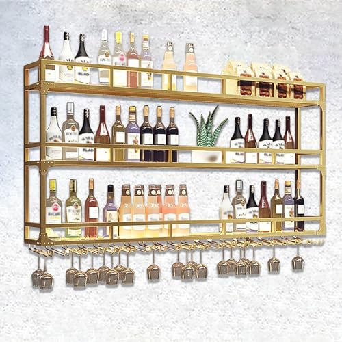 LQRCTRY hängendes Weinglasregal, Weinregal zur Wandmontage, mit Glashalter und LED-Leuchten, 3-stöckiges Regal for die Hausbar und Küche, Schwarzgold, mehrere Größen(Gold,100cm/39.4x35.4x9.8in) von LQRCTRY