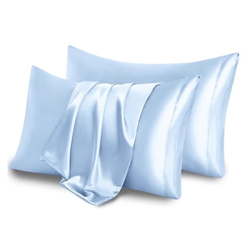 2er Set Babyblau Satin Kissenbezug, 40x80cm Satin Kopfkissenbezug Weich ähnlich wie Seidenkissenbezug, Pillowcase Kissen für Haar und Haut, Babyblau von LQSCJS