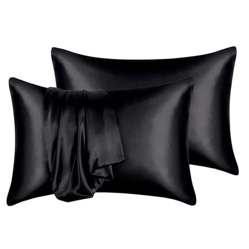 2er Set Schwarz Satin Kissenbezug, 40x80cm Satin Kopfkissenbezug Weich ähnlich wie Seidenkissenbezug, Pillowcase Kissen für Haar und Haut, Schwarz von LQSCJS