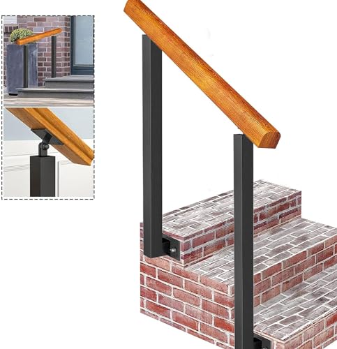 LQSYBHD Handlauf Aus Holz für Außentreppen und 2 Schmiedeeiserne Pfosten, Treppenhandläufe für 1–3 Stufen, Stufen-Eingangs-Treppengeländer, Sicher(Size:wooden handrail 3.3ft/100cm,Color:H 75cm/29.5in) von LQSYBHD