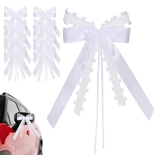 Autoschleifen Hochzeit, 10 Stück Weiß Hochzeitsschleifen fürs Auto, Autoschleife Hochzeit mit Herzen Spitze, Autoschmuck Schleifen, für Brautautos Geschenke Blumensträuße Hochzeits Dekoration (Weiß-B) von LQTSLFM