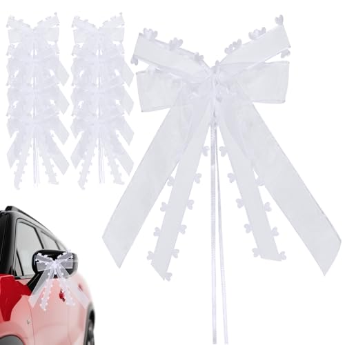 Autoschleifen Hochzeit, 10 Stück Weiß Hochzeitsschleifen fürs Auto, Autoschleife Hochzeit mit Herzen Spitze, Autoschmuck Schleifen, für Brautautos Geschenke Blumensträuße Hochzeits Dekoration (Weiß-A) von LQTSLFM