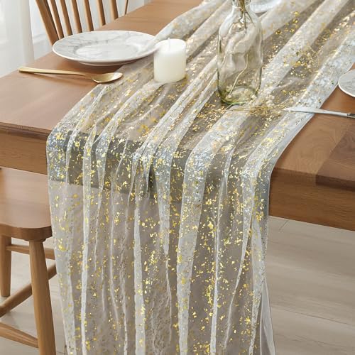 Tischläufer Spitze, 70 x 300cm Table Runner mit Glitzer Aluminiumfolie, Elegant Tischdecke Spitze, Läufer Tisch Spitzen Tüllstoff für Partys, Bankett, Hochzeiten, DIY Kreativität (Gold) von LQTSLFM