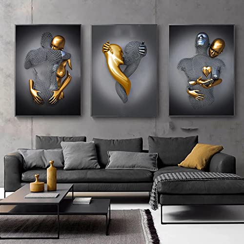 LQWE Grau Bild Leinwand Kunst Wand 3er, Liebesherz 3D Effekt, Paare, Metallkunst Set, abstrakte Metallfigur Skulptur Deko(Size:60 * 80+60 * 80+60 * 80cm,Color:Mit Rahmen) von LQWE