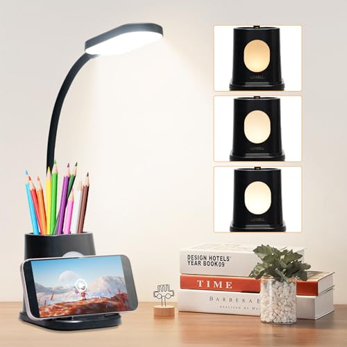 LQWELL® 4 in 1 LED Schreibtischlampe USB Aufladbar für Heimbüro, 3 Helligkeitsstufen Nachtlicht, 360° Flexibel Stifthalter Tischlampe Studienlampe mit Telefonhalter (Schwarz) von LQWELL