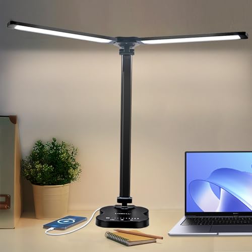 LQWELL® Doppelkopf-Schreibtischlampe LED Dimmbar, Doppelschwingarm-LED-Tischlampe 5 Farben und 10 Helligkeitsstufen Augenfreundliche Leselampe mit USB-Aufladung Touch-Steuerung & Memory Timer von LQWELL