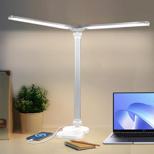 LQWELL® Doppelkopf-Schreibtischlampe LED Dimmbar, Doppelschwingarm-LED-Tischlampe 5 Farben und 10 Helligkeitsstufen Augenfreundliche Leselampe mit USB-Aufladung Touch-Steuerung & Memory Timer von LQWELL