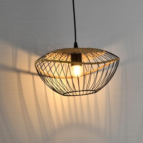 LQWELL® E27 Hängelampe Schwarz, Retro Pendellampe Hängeleuchte Vertigo Lampe Höhenverstellbare Kronleuchter Metall Rattan, für Wohnzimmer Schlafzimmer Esszimmer Cafés Studio Bartheke von LQWELL