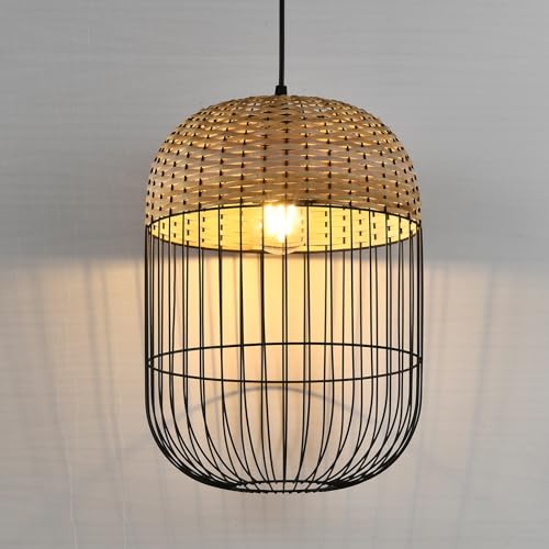 LQWELL® E27 Hängelampe Schwarz, Retro Pendellampe Hängeleuchte Vertigo Lampe Höhenverstellbare Kronleuchter Metall Rattan, für Wohnzimmer Schlafzimmer Esszimmer Cafés Studio Bartheke von LQWELL