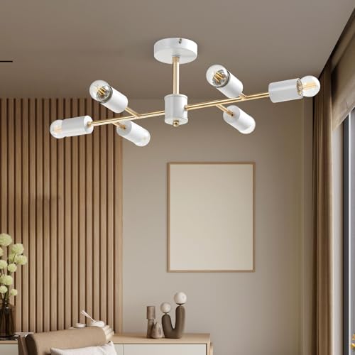 LQWELL® Kronleuchter Industrielle Deckenleuchte Deckenlampe, Modern Chandelier E14 Küchenlampe Schlafzimmerlampe für Wohnzimmer Schlafzimmer Küche, 6 Flammige, Gold Weiß, Keine Glühbirne von LQWELL