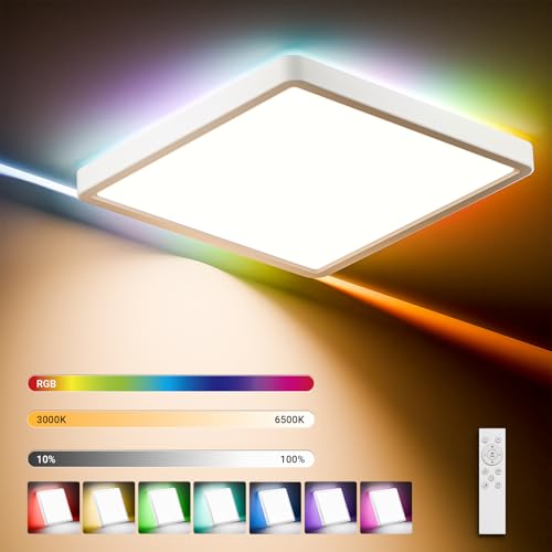 LQWELL® LED Deckenleuchte Dimmbar mit Fernbedienung, 32W 3400LM 3000-6500K RGB LED Deckenlampe, Quadrat Flache Deckenbeleuchtung IP44 für Wohnzimmer Schlafzimmer Esszimmer Balkon Korridor, 400 * 40mm von LQWELL