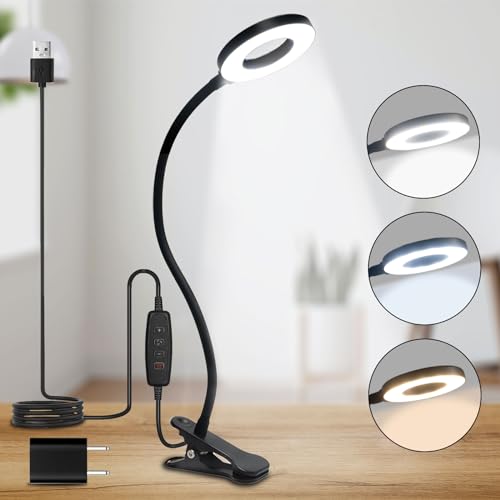 LQWELL® LED Klemmlampe Leselampe Bett mit USB-Anschluss, 3 Farbtemperaturen, 10 Helligkeitsstufen & Stufenloses Dimmen, 360° Flexible Klemme Schreibtischlampe für Heimbüro (Halslänge 40 cm) von LQWELL