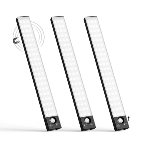LQWELL® Schrankleuchte mit 54 ​​LEDs und Bewegungsmelder, 32 cm, 1800 mAh, Wiederaufladbar, Dimmbar, Schrankleuchte für Küche, Kleiderschrank, Bücherregal, Schlafzimmer (Schwarz, 3 Stück) von LQWELL