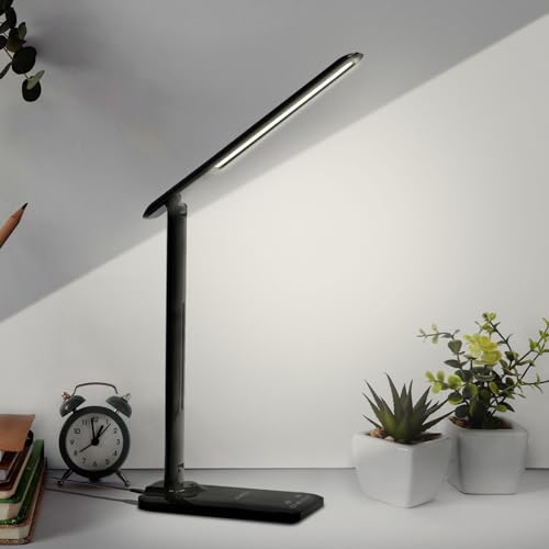LQWELL® Schreibtischlampe LED, 3 Farbtemperaturmodi und 9 Helligkeitsstufen Flimmerfreie Augenschutz Nachttischlampe USB-Aufladung Touch-Steuerung und Speicherfunktion für Büros Schlafzimmer von LQWELL