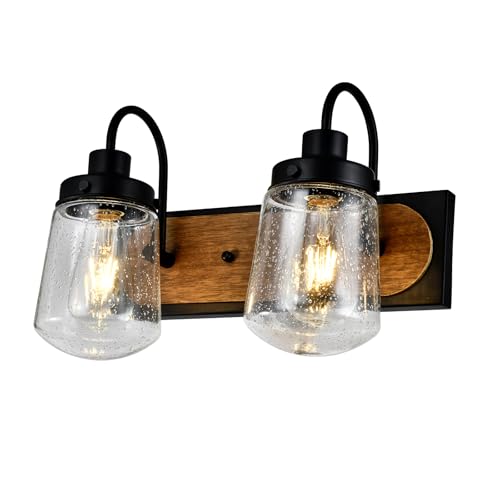 LQWELL® Wandleuchte E27, Wandlampe Innen 2 Flammig Retro Eisen-Holz-Wandbeleuchtung Wandspot für Schlafzimmer Wohnzimmer Studio Hotel Treppe, Mattschwarz, Glühbirne nicht enthalten von LQWELL