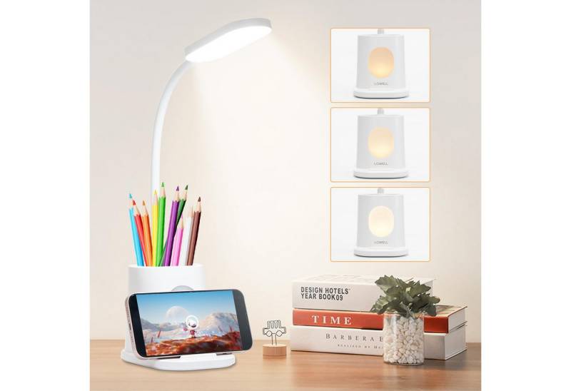LQWELL LED Schreibtischlampe 4 in 1 LED Schreibtischlampe USB Aufladbar, LED fest integriert, 3 Helligkeitsstufen Nachtlicht, 360° Flexibel Stifthalter Tischlampe Studienlampe, mit Telefonhalter,für Heimbüro von LQWELL