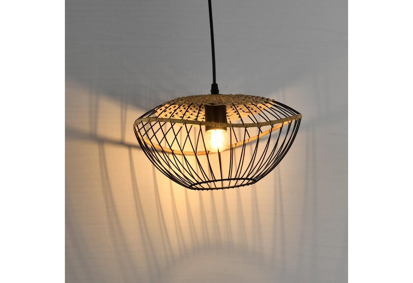 LQWELL Pendelleuchte E27 Hängelampe Schwarz Retro Pendellampe, Hängeleuchte Vertigo Lampe, Höhenverstellbare Kronleuchter Metall Rattan, für Wohnzimmer Schlafzimmer Esszimmer Cafés von LQWELL