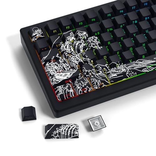 LQXQ 131 Tasten Keycaps PBT, Custom Keycap Cherry Profile Shine Through, Wave of Kanagawa Double Shot Keycaps Side Print, Dye Sub Keycap Set, Schwarz von LQXQ