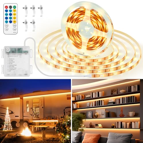 LQYLXR 5M Warmweiß Streifen mit batteriebetrieben,150 LED Selbstklebende Nachtlichter Streifen mit 8 Modi Timer Fernbedienung, Dimmbar LED Streifen für Küche Schlafzimmer Regal Deko, Schneidbar von LQYLXR