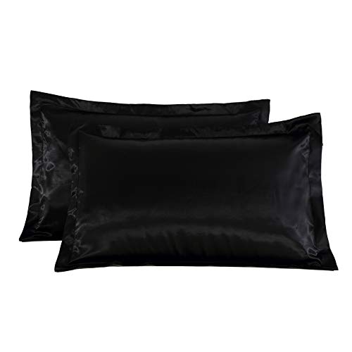 Lrenna seidiger Satin-Kissenbezug für Haar und Haut, 2er-Pack, 48,3 x 73,7 cm, Satin-Kissenbezüge mit Hotelverschluss, Standardgröße 19x29inch/48x74cm schwarz von LRENNA