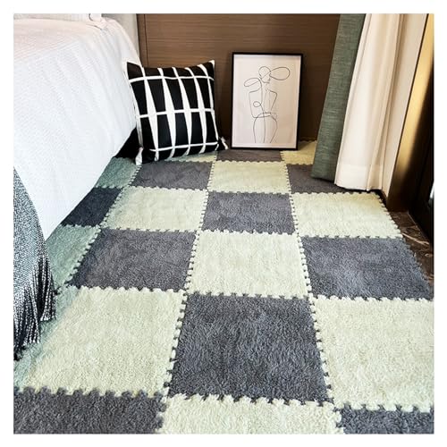 LRFNKCT Teppichfliesen, Ineinander greifende Schaumstoff-Bodenmatten, 10 Stück quadratische Plüsch-Bodenfliesen,(Light Green+Gray) von LRFNKCT