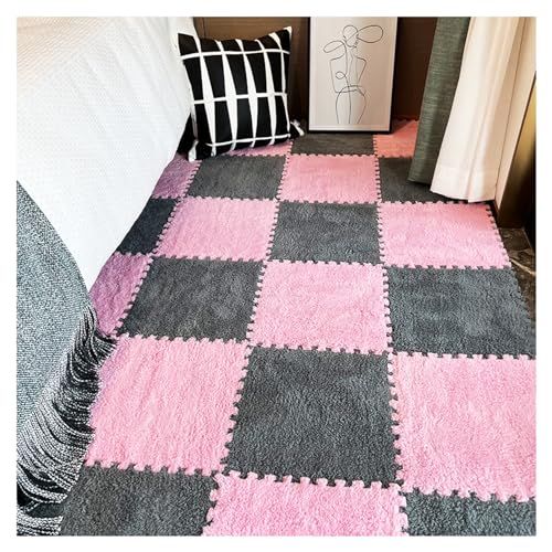 LRFNKCT Teppichfliesen, Ineinander greifende Schaumstoff-Bodenmatten, 10 Stück quadratische Plüsch-Bodenfliesen,(Pink+Gray) von LRFNKCT