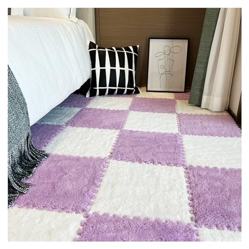 LRFNKCT Teppichfliesen, Ineinander greifende Schaumstoff-Bodenmatten, 10 Stück quadratische Plüsch-Bodenfliesen,(White+Light Purple) von LRFNKCT