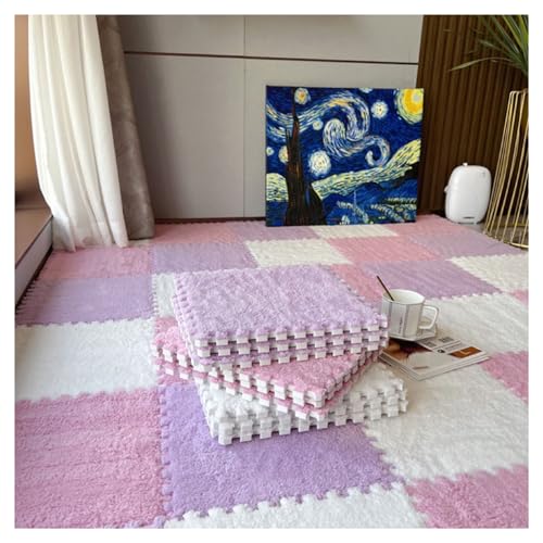 LRFNKCT Teppichfliesen, Ineinander greifende Schaumstoff-Bodenmatten, 10 Stück quadratische Plüsch-Bodenfliesen,(White+Pink+Light Purple) von LRFNKCT