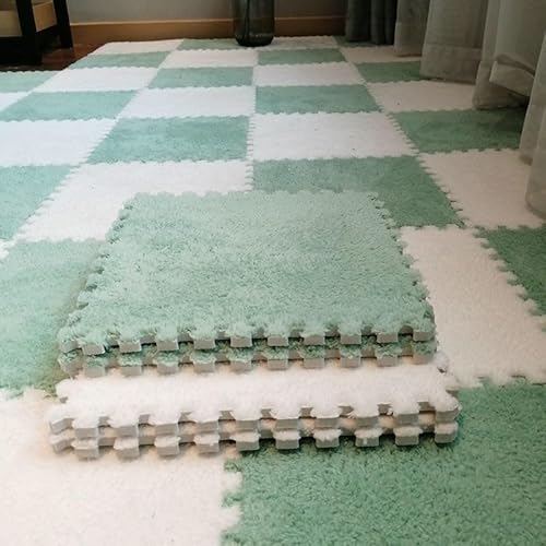 LRFNKCT Teppichfliesen, Plüschschaum-Bodenmatte, Flauschige ineinandergreifende Teppichfliesen, quadratische Spielmatten-Bodenfliesen, Kletterteppiche for Spielzimmer(Light Green+White) von LRFNKCT