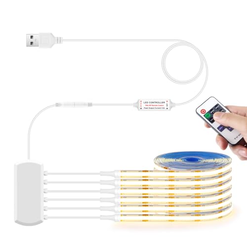 LRGBST 5V USB COB LED Streifen, 6 Rollen 1M Warmweiss COB LED Strip Light with Remote control Dimmer Für Akustikpaneele Schrank Shelves Vitrinen Regal Küchen Beleuchtung von LRGBST