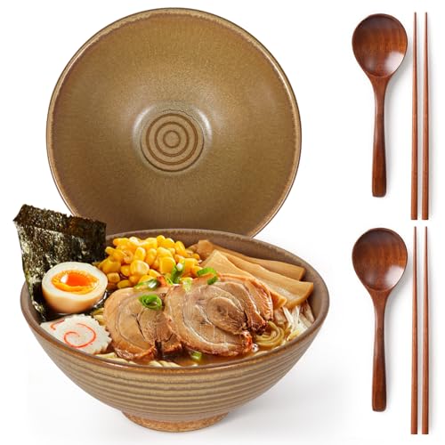 LRHAFET 2 x 1200ml Ramen Schüssel Set aus Keramik mit Essstäbchen und Löffeln, 20cm Ramen Bowls Set，Ramen Schale. (Frosted Copper) von LRHAFET