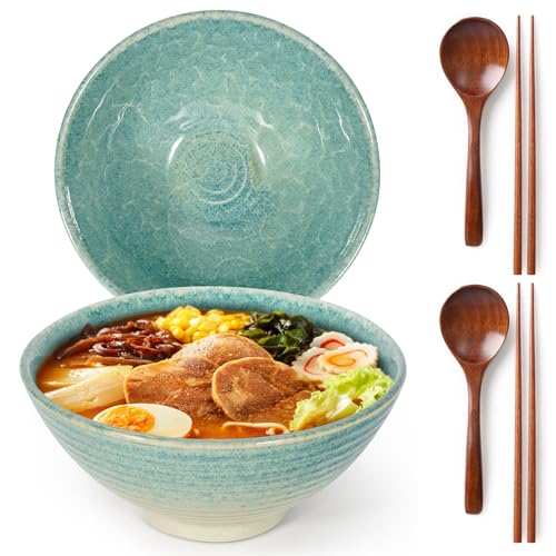 LRHAFET 2 x 1200ml Ramen Schüssel Set aus Keramik mit Essstäbchen und Löffeln, 20cm Ramen Bowls Set, Ramen Schale (Crackle Green) von LRHAFET