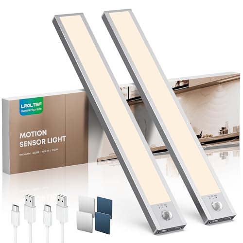 LROLTEF Schrankbeleuchtung Led Lampe mit Bewegungsmelder - 21cm 1500mAh 4000K Unterbauleuchte Küche Licht Aufladbar Magnetische mit USB & Sensor - Dimmbar Treppenlicht Schranklicht | 2 Stück von LROLTEF