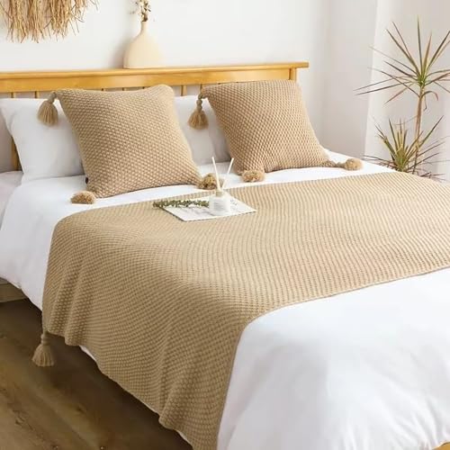 LRUPVEG Solide Bett Läufer Mit Quaste, Grün Gestrickt Decke Für Sofa Und Nap Weiche Baumwolle Reversible Einzelbett Ende Schal Dekorative Sessel Settee Abdeckung(Khaki,80 * 260cm for 200cm Bed) von LRUPVEG