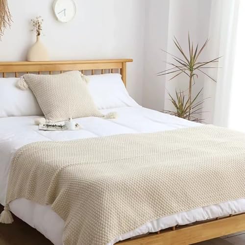 LRUPVEG Solide Bett Läufer Mit Quaste, Grün Gestrickt Decke Für Sofa Und Nap Weiche Baumwolle Reversible Einzelbett Ende Schal Dekorative Sessel Settee Abdeckung(White,80 * 230cm for 180cm Bed) von LRUPVEG