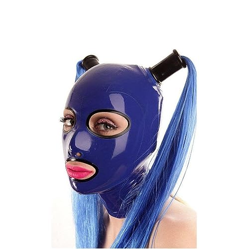 BDSMLV Latex Mask Blue Twin Ponytail Mask SM Sexy Mask, Cosplay Mask Halloween Mask for Women Sex Toy, Bondage Mask Latex Head Mask Extreme Fetish BDSM Mask Masquerade Mask,XXL,Blue von LRXETSHOP