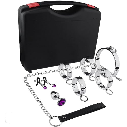 BDSMLV Luxus Bondage Set 6 Stück Bettbündelset Mit Edelstahl Handschellen Halsband Nippelklemmen Analplug Fußfesseln Tragbarer Koffer Leicht Zu Tragen Sex Spielzeuge Für Paare Set BDSM,Women von LRXETSHOP