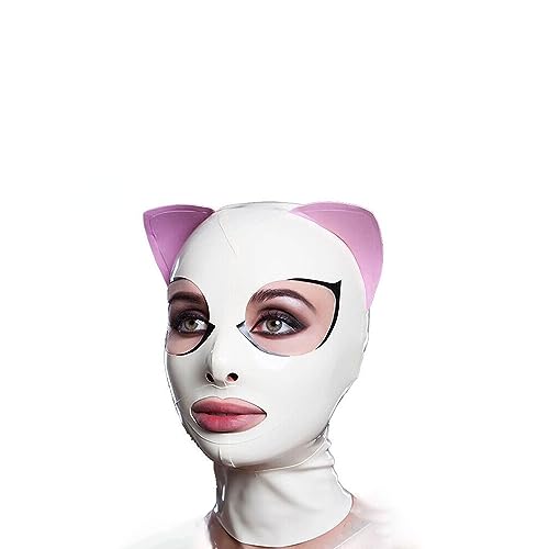 BDSMLV Sexy Latex Mask with Cat Ears Frau SM Bondage Mask BDSM Sex Toys Katzenohrmaske Cosplay Party Mask Latex Halloween Mask Couples Sex Toy Bondage Masks Sex Mask for Couples,XXL,White von LRXETSHOP