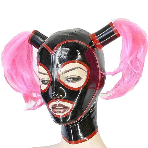 YXBLV Bondage Maske Kopfbedeckung Halloween Party Cosplay Latex Maske Rosa Haare BDSM Fetisch Latex Sex Spielzeug Erotik SM Maske Frauen Trikot Kopfbedeckung,XXL,Black von LRXETSHOP